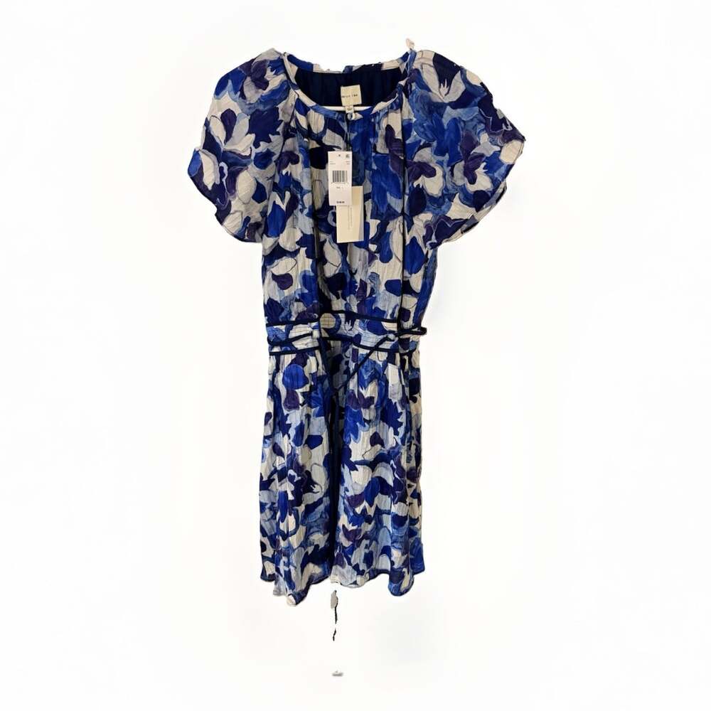 Adelyn Rae Mini Dress Womens Size L Blue Cream Floral Belted Puff Sleeve Nwt
